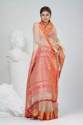 Elegant beige and red resham saree with zari border