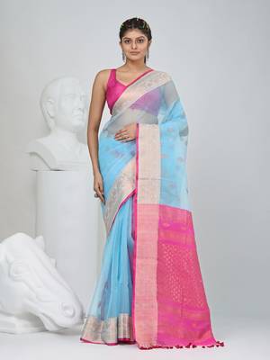 Elegant sky blue and pink resham saree with zari border 5