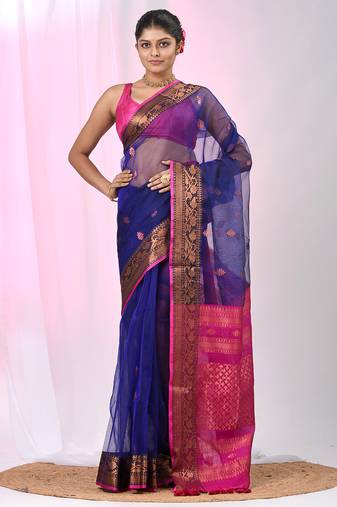 Elegant blue and fuchsia resham saree with zari border