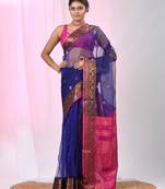 Elegant blue and fuchsia resham saree with zari border