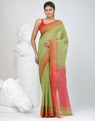 Green and red handspun cotton saree with vibrant borders 5