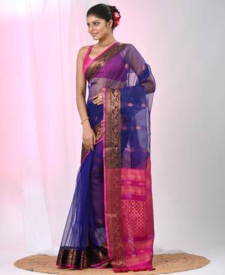 Elegant blue and fuchsia resham saree with zari border 2