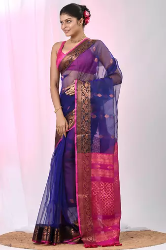 Elegant blue and fuchsia resham saree with zari border