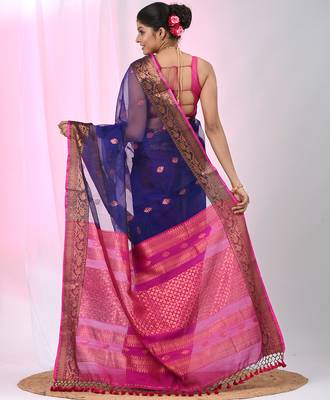 Elegant blue and fuchsia resham saree with zari border 3