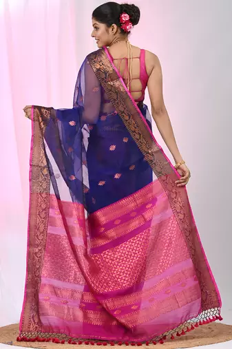 Elegant blue and fuchsia resham saree with zari border