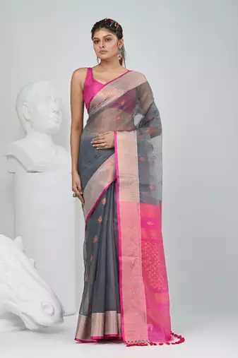 Elegant grey and pink resham saree with zari border