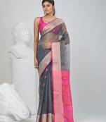 Elegant grey and pink resham saree with zari border