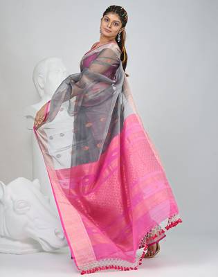 Elegant grey and pink resham saree with zari border 2
