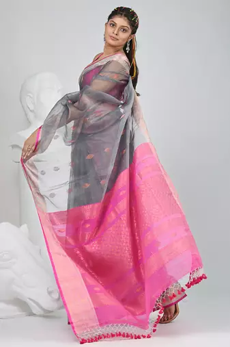 Elegant grey and pink resham saree with zari border