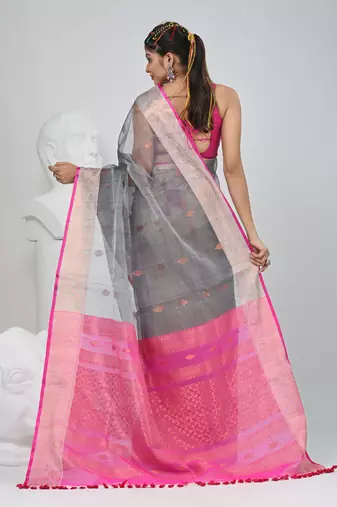 Elegant grey and pink resham saree with zari border