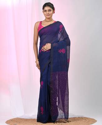 Elegant navy blue linen saree with floral embroidery 1