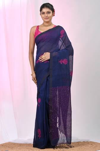 Elegant navy blue linen saree with floral embroidery