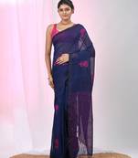 Elegant navy blue linen saree with floral embroidery