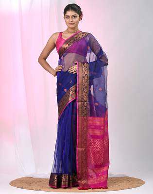 Elegant blue and fuchsia resham saree with zari border 5