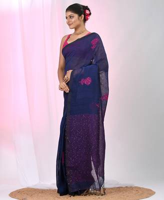 Elegant navy blue linen saree with floral embroidery 2