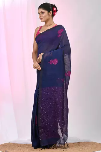 Elegant navy blue linen saree with floral embroidery