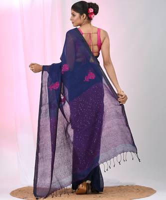 Elegant navy blue linen saree with floral embroidery 3