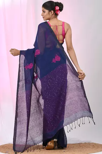 Elegant navy blue linen saree with floral embroidery