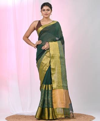 Elegant green and gold linen saree with striped borders 1