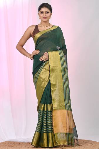 Elegant green and gold linen saree with striped borders