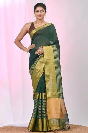 Elegant green and gold linen saree with striped borders