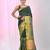 Elegant green and gold linen saree with striped borders
