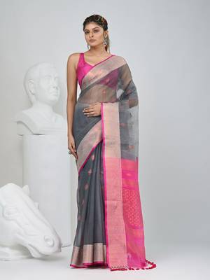 Elegant grey and pink resham saree with zari border 5