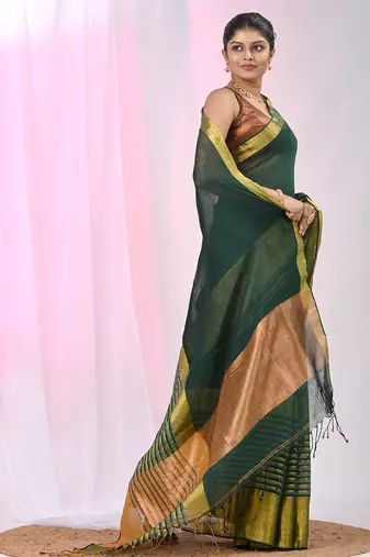 Elegant green and gold linen saree with striped borders