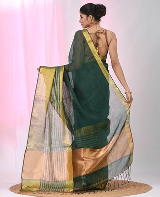 Elegant green and gold linen saree with striped borders 3