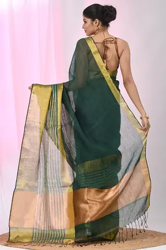 Elegant green and gold linen saree with striped borders