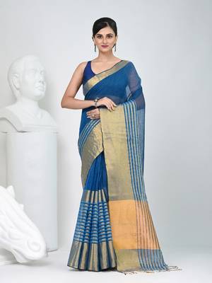Elegant sapphire blue and gold linen saree with striped borders 1
