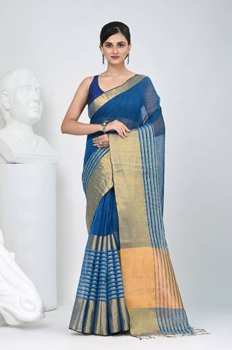 Elegant sapphire blue and gold linen saree with striped borders
