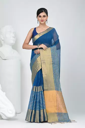 Elegant sapphire blue and gold linen saree with striped borders