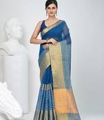 Elegant sapphire blue and gold linen saree with striped borders