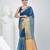 Elegant sapphire blue and gold linen saree with striped borders