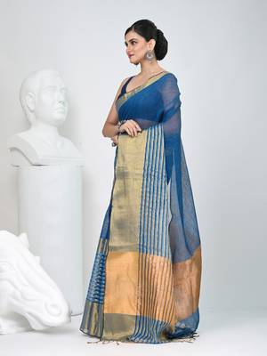 Elegant sapphire blue and gold linen saree with striped borders 2