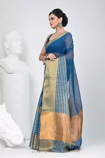 Elegant sapphire blue and gold linen saree with striped borders
