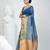 Elegant sapphire blue and gold linen saree with striped borders