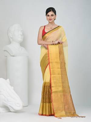 Elegant yellow and gold linen saree with striped borders 1