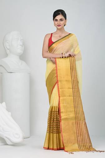 Elegant yellow and gold linen saree with striped borders