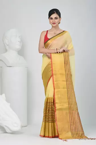 Elegant yellow and gold linen saree with striped borders