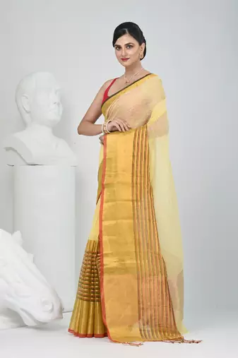 Elegant yellow and gold linen saree with striped borders
