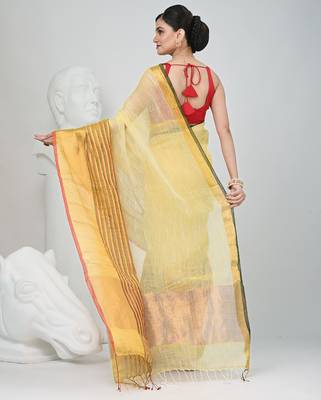 Elegant yellow and gold linen saree with striped borders 3