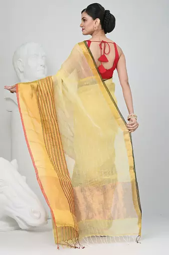 Elegant yellow and gold linen saree with striped borders