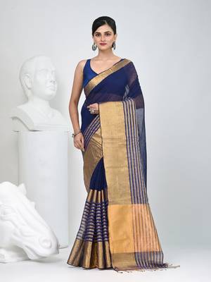 Elegant blue and gold linen saree with striped borders 1