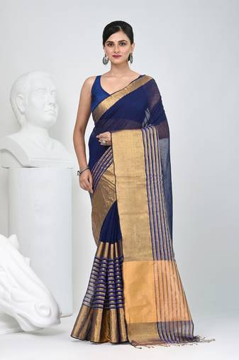 Elegant blue and gold linen saree with striped borders