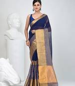 Elegant blue and gold linen saree with striped borders