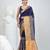 Elegant blue and gold linen saree with striped borders