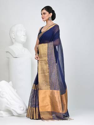 Elegant blue and gold linen saree with striped borders 2