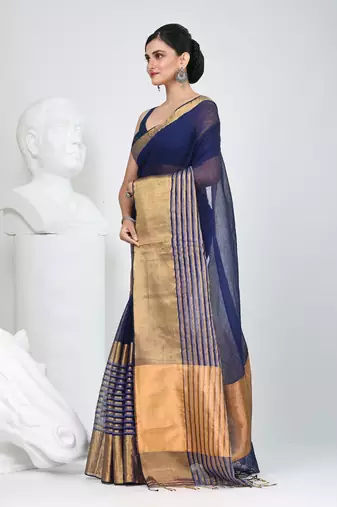 Elegant blue and gold linen saree with striped borders
